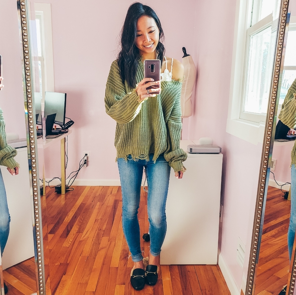 Keep It Cool Distressed Olive Green Sweater